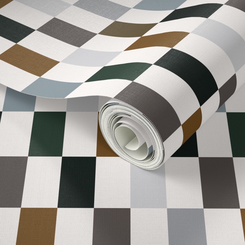 Wallpaper Checker Rectangle Moody Dark Neutrals Blue Grey Brown Tiles ...