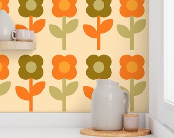 Wallpaper Retro Funky Daisy Orange Green Cream Wallpaper Peel and Stick or Prepasted Wallpaper, Renters Wallpaper, Accent Wallpaper