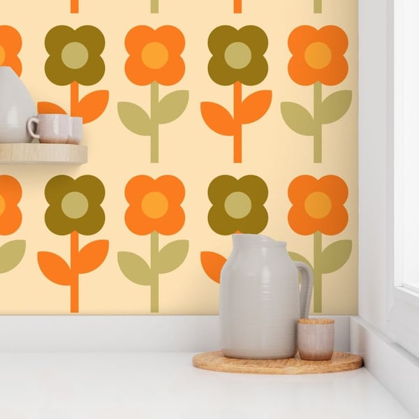 Wallpaper Retro Funky Daisy Orange Green Cream Wallpaper Peel and Stick or Prepasted Wallpaper, Renters Wallpaper, Accent Wallpaper