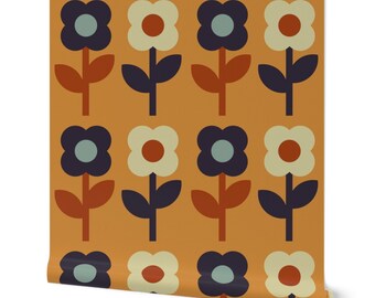 70s Retro Daisy Orange Blue Funky Wallpaper in Peel and Stick or Prepasted Wallpaper, Renters Wallpaper, Accent Wallpaper, Colorful Wall