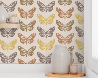 Wallpaper Butterflies Boho Wallpaper, Peel and Stick or Prepasted Wallpaper, Renters Wallpaper, Accent Wallpaper, Block Print Butterfly
