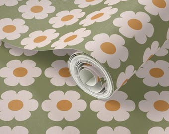 Retro 70s Daisies  Green Wallpaper in Peel and Stick or Prepasted Wallpaper, Renters Wallpaper, Accent Wallpaper, Colorful Funky Wallpaper