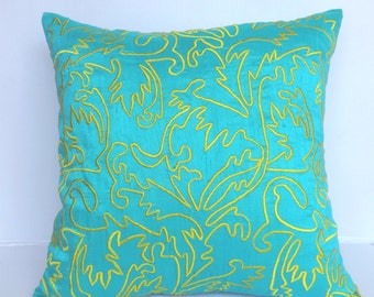 Aqua blue pillow cover with morocco / Marrakesh inspired Yellow  embroidery, Decorative cushion,  cover on offer 20 % off, 16 and 18 inches.