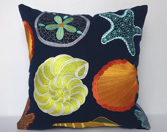 Navy Blue Sea themed pillow cover with colorful sea life embroidery. Notical  throw pillow cover. beach pillow. 16,18.20.22 inches