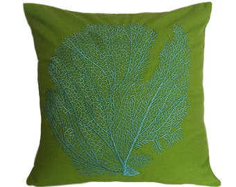 Lime Green and Aqua Blue coral fan pillow. Sea theme pillow. Nautical inspired cushion cover. Beach decor.  Caustal pillow. Custom made.
