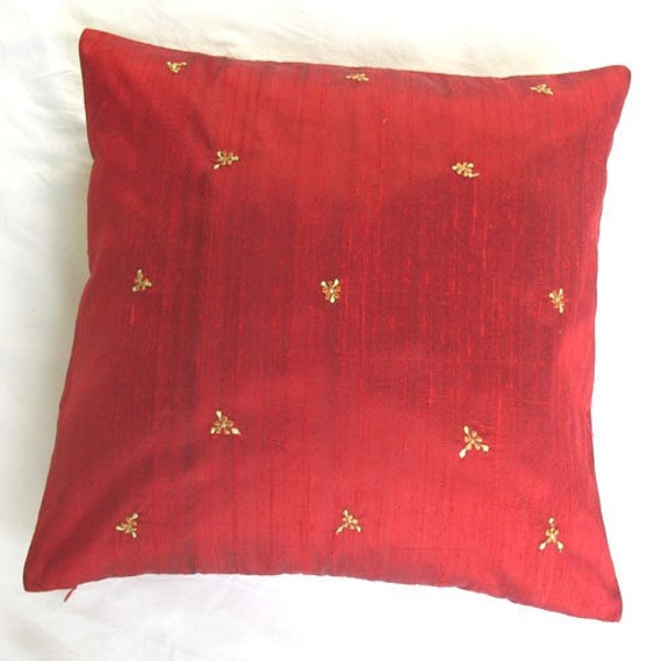 red silk cushion cover with vintage style floral  embroidery,dupioni  silk decorative cushion cover. Custom made 10 to 22 inches.