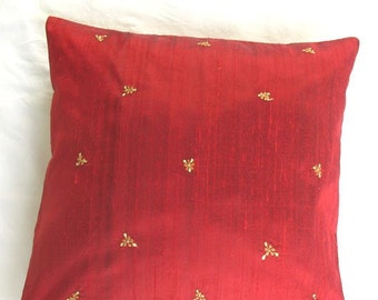 red silk cushion cover with vintage style floral  embroidery,dupioni  silk decorative cushion cover. Custom made 10 to 22 inches.