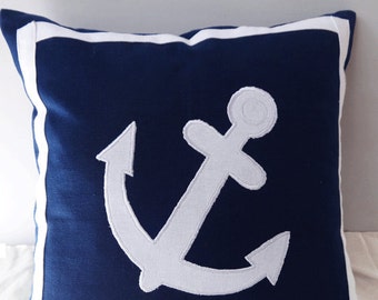 Navy blue anchor pillow cover, nautical pillow, beach house decor, boat house decor decorative throw pillow cover.  Custom made.