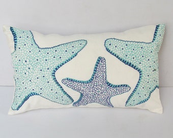 On sale starfish pillow cover, off white deceretive costal pillow with aqua and cobalt blue  embroidery. Beach pillow, 20% off