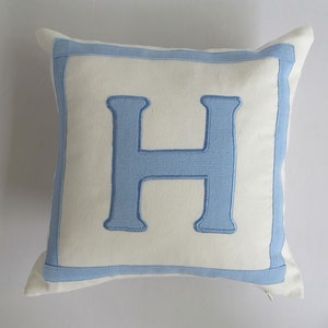 Off white and baby  blue decorative  monogram pillow. Initial cushion cover. Alfabut throw pillow cover.letter custom made -12 to 18inches.