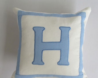 Off white and baby  blue decorative  monogram pillow. Initial cushion cover. Alfabut throw pillow cover.letter custom made -12 to 18inches.