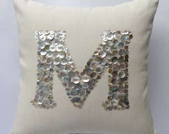 Pearl Button monogrammed cream  pillow -18 inches -choose your own colors - Custom Made