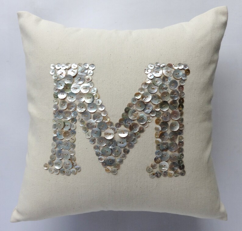 Pearl Button monogrammed cream pillow 18 inches choose your own colors Custom Made image 1