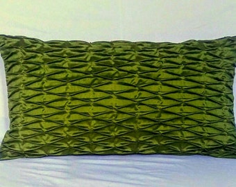 green silk pleated oblong throw pillow with bead work in yellow. Dark olive green Decorative  pillow. Lovely room decor. Custom made.