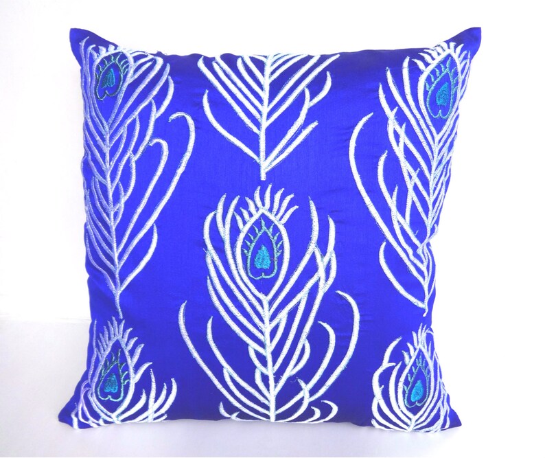 Royal blue peacock pillow cover 16 inch peacock feather pillow Etsy