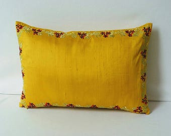 A yellow and red  silk floral pillow cover, Oblong decorative cushion cover. Spring decor Luxury silk pillow, made to order.