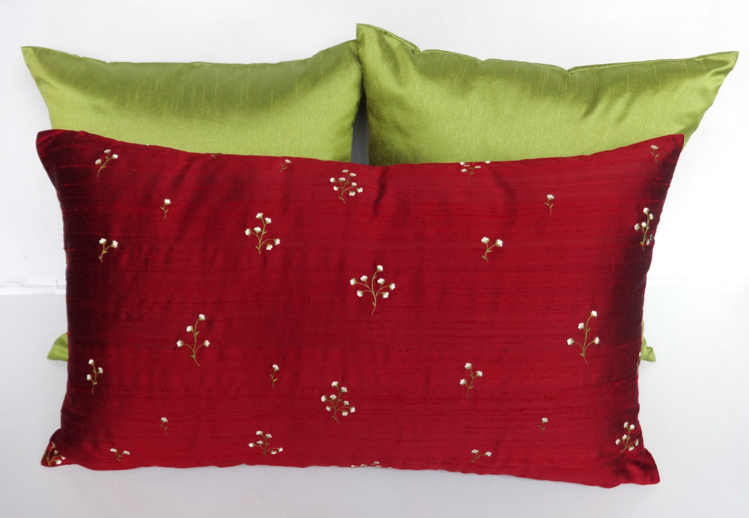 Deep Red Dupioni Silk Pillow Cover Floral Embroidered Cushion Etsy