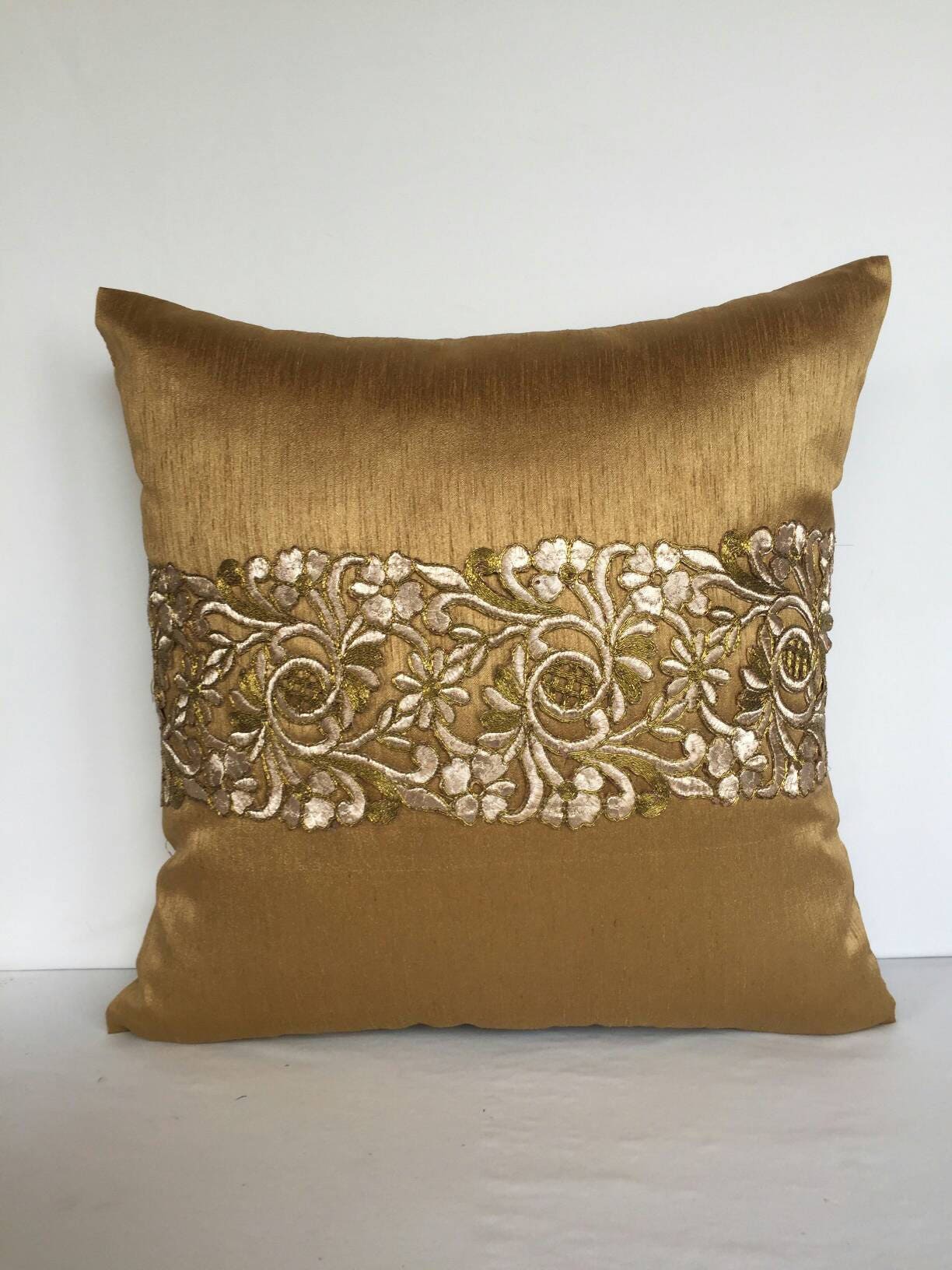 Gold silk decorative pillow. with gold stone work border. Etsy