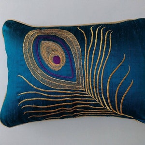 Teal blue peacock feather pillow. Gold peacock decorative pillow. Luxury peacock throw pillow oblong pillow custom made.