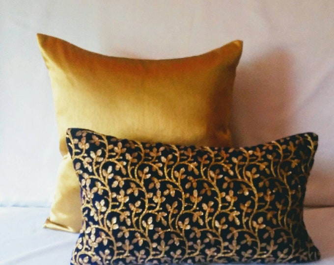 On Sale Navy Blue and Gold Velvet Pillow. Navy With Gold Embroidery