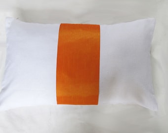 White /orange rectangle pillow cover, oblong pillow with  centre band.  Custom made With the choice  of colours. Decorative oblong pillow