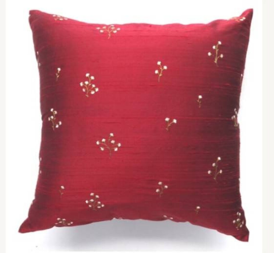 Deep Red Dupioni Silk Pillow Cover Floral Embroidered Cushion Etsy