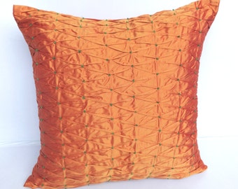 Golden Orange  silk throw pillow with pintucks and beadwork - 18X18 inch 2pcs instock  ready to ship