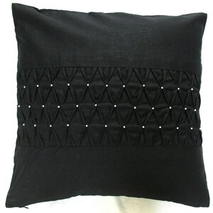 black pintuck  throw pillow cover with bead work. Black  Silk pleted pillow.   18X18 inch throw pillow and accent cushion .