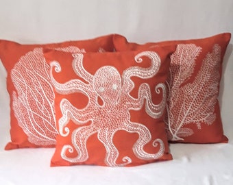 Octopus pillow, orange octopus cushion. coastal pillow, beach house decor, nautical cushion. Sea theme cushion cover.  Custom made.