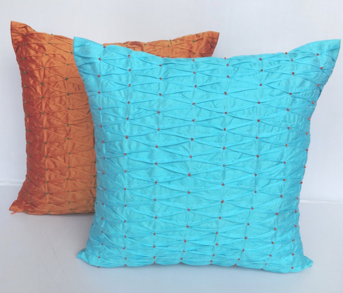 Light Blue silk throw pillow with pintucks and beadwork 18X18 Etsy