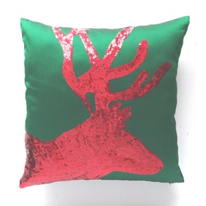 On SALE reindeer pillow, deer pillow antler cushion red and green pillow, sequin work antler hand pillow  cover. Hand made 18inches 30%