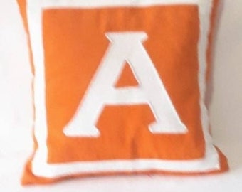 Orange monogrammed pillow cover with white Initials, Parsnalize  kids room cushion cover, alphabet pillow, Gift pillow. Custom made.