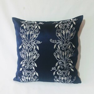 blue filigree embroided silk cushion cover Decorative throw pillow. Silver and blue festive pillow.18x18 inches