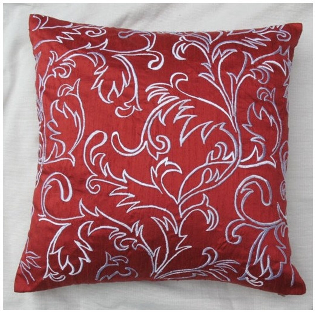 Red Silk Throw Pillow Cover. Moroccan Style Embroided in White Etsy