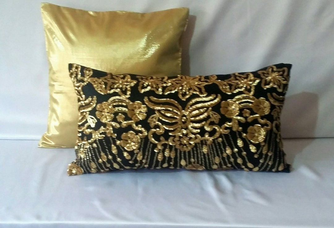 Black and Gold Sequin Pillow Cover Peacock Embroided Sequin Pillow