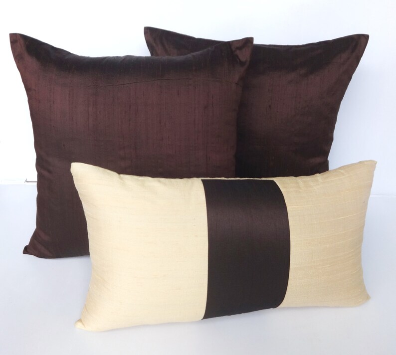 Cream and brown silk oblong throw pillow cover. Luxury