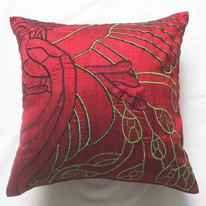 red abstract peacock pillow, silk throw pillow, embroidered pillow, boho chic decor