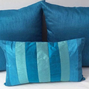 Teal blue, turquoise blue, aqua blue dupioni silk panels pillow cover. decorative colour block oblong pillow. Custom made.