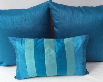 Teal blue, turquoise blue, aqua blue dupioni silk panels pillow cover. decorative colour block oblong pillow. Custom made.