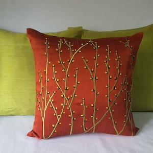Dark orange silk pillow yellow floral cushion cover, Spring decor.  floral  embroidered pillow. Custom made 18x18 inches