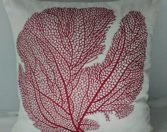 burgundy coral pillow. Burgundy coral fan embroidered  on  off white. sea theme pillow. decorative throw cushion.  18inch custom  made