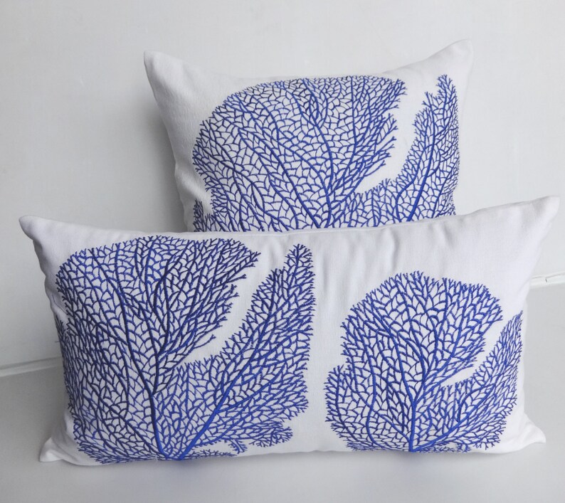 Cobalt Blue Coral Fan Pillow. Costal Pillow Lumbar Pillow Etsy