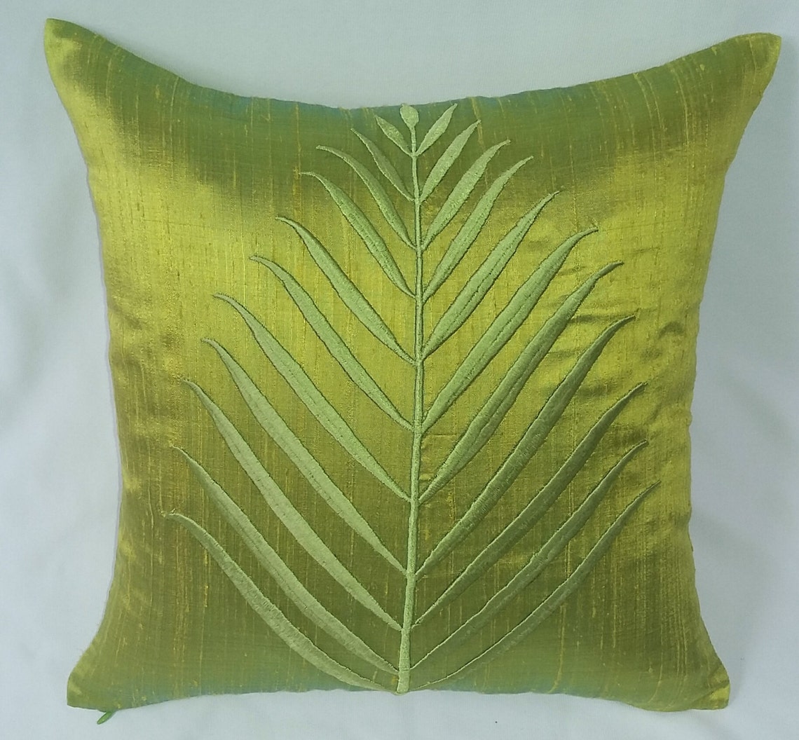 Lime Green Cushion Cover With Lime Green Fern Leaf Embroidery. Etsy