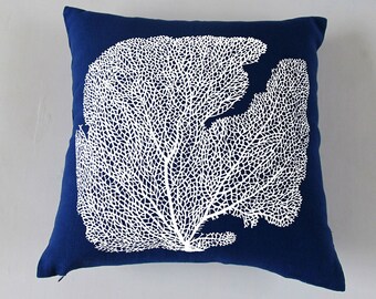 Navy  blue costal pillow. Off white coral fan embroidery on navy pillow cover. Decorative coral pillow.  Custom made