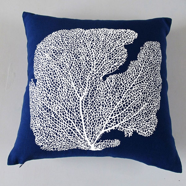 Navy  blue costal pillow. Off white coral fan embroidery on navy pillow cover. Decorative coral pillow.  Custom made