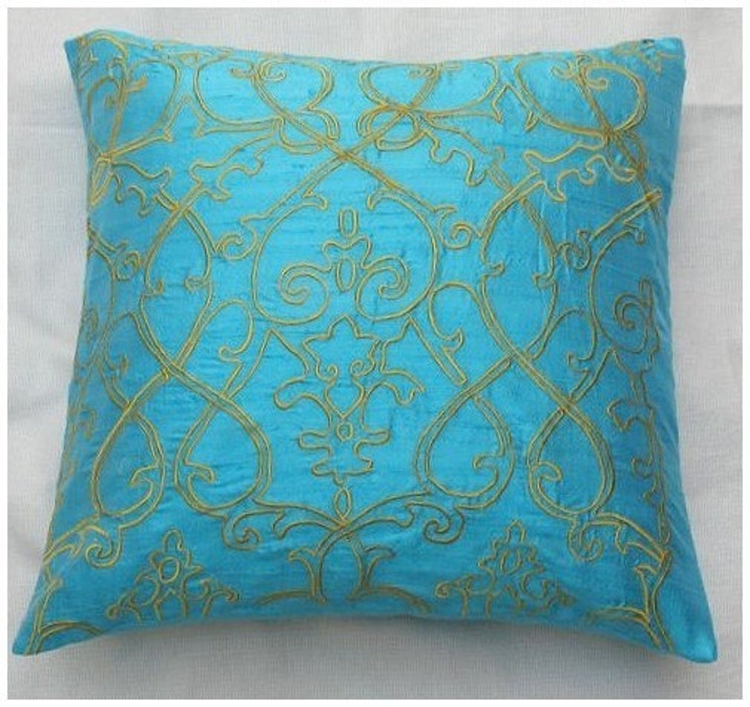 Turquoise Dupioni Silk Pillow Cover With Yellow Filigree Etsy