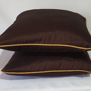 off white lumbar pillow with brown and mustard panels, silk colour block pillow cover cream oblong cushion. Custom made.12x16 to12 x24 inch image 4