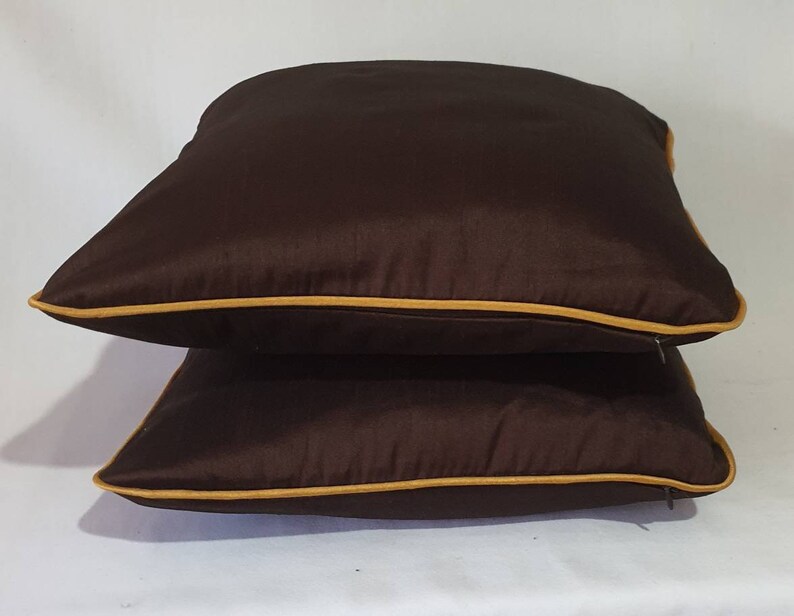 off white lumbar pillow with brown and mustard panels, silk colour block pillow cover cream oblong cushion. Custom made.12x16 to12 x24 inch image 4