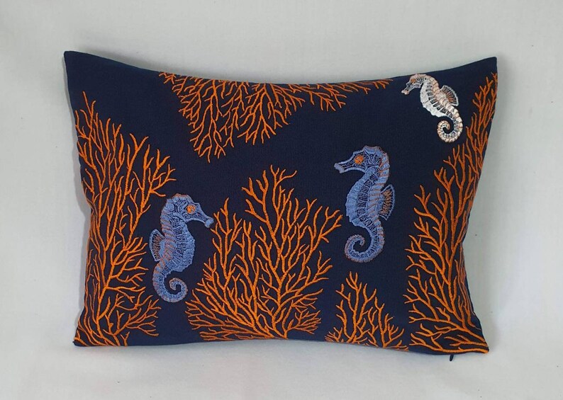 Beach pillow cover Navy blue coastal pillows, decorative sea pillows, nautical pillow case,oblong beach pillow. Custom made. image 3