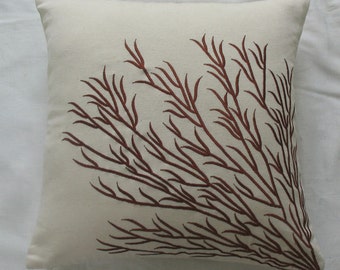 off white and brown coral branch pillow. Decorative beach pillow.  Notical inspired throw pillow cover. Custom made coral  trellis design.